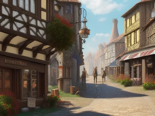 627383665-the street of a medieval fantasy town, full of life, at noon, 4k, highly detailed.webp